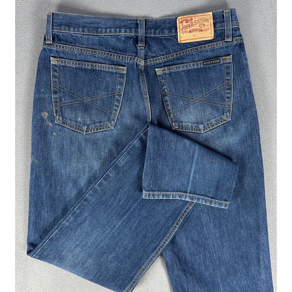 Stetson Jeans Mens 34x36 Blue Straight Leg Distressed Stain Cowboy Workwear Farm